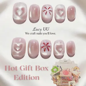 【Lucy UU】Premium Nude Firework Press-On Nails Gift Box Handmade Shimmer Short Set with Tool Kit Mystery Bonus Gift