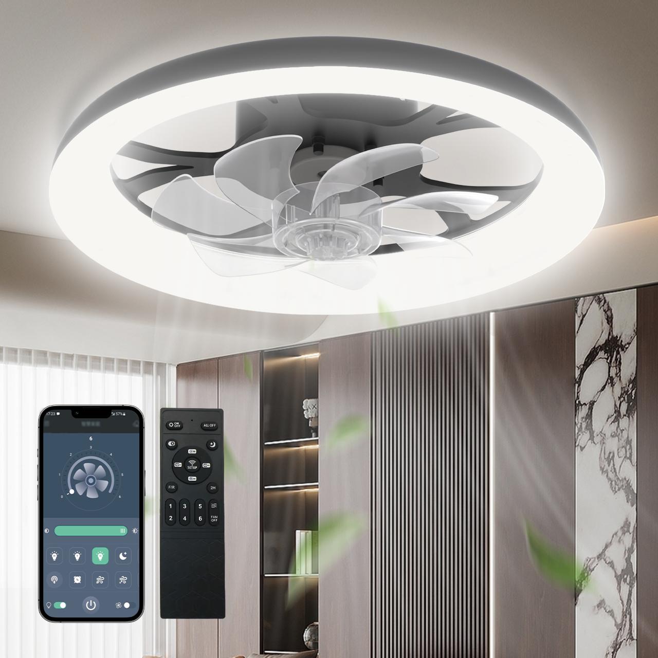 HYPERLITE Dimmable Modern LED Fan Light,Ceiling Fan With Light Remote, 3 LED Color Temperature, 6 Speed Noiseless AC Motor, Timer Setting,Adjustable Brightness,White Fandelier Ceiling Fans for Bedroom,Dining room, Living room, Study,stockup mothersday