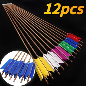 12 pieces of bamboo arrows with arrowheads, 4-inch arrow feathers. Suitable for both beginners and experienced shooters. Applicable for both daily archery practice and competitions. Outdoor sports supplies. Archery accessories.