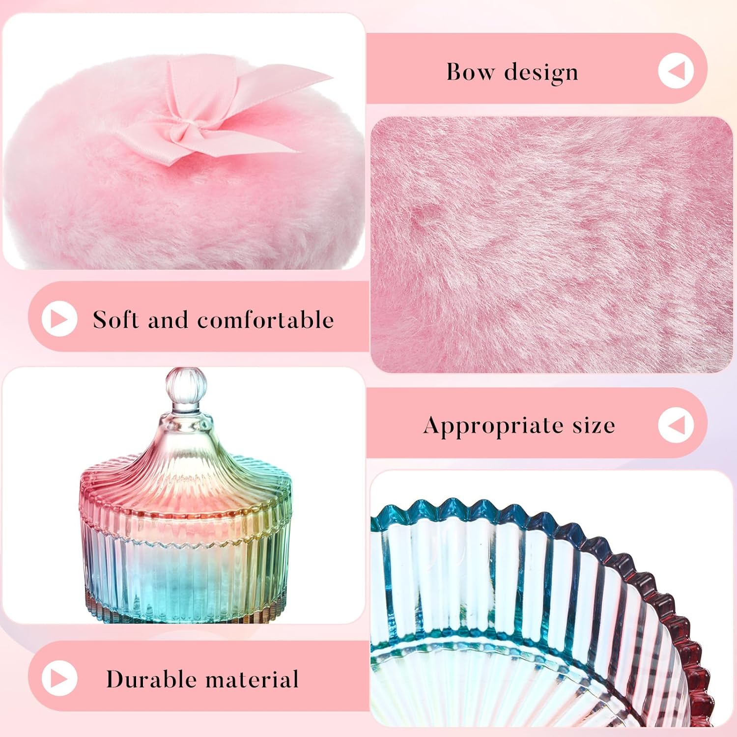 Luxury Soft Velvet Powder Puff & Crystal Glass Container Set, 3.54" Diameter, Washable Reusable Puff for Women Facial & Body Makeup Dusting & Baby Powder Application, Elegant Glass Jar for Jewelry, Candy Storage, Perfect Gift for Ladies Luxury Soft Velvet Powder Puff & Crystal Glass Container Set, 3.54" Diameter, Washable Reusable Puff for Women Facial & Body Makeup Dusting & Baby Powder Application, Elegant Glass Jar for Jewelry, Candy Storage, Perfect Gift for Ladies