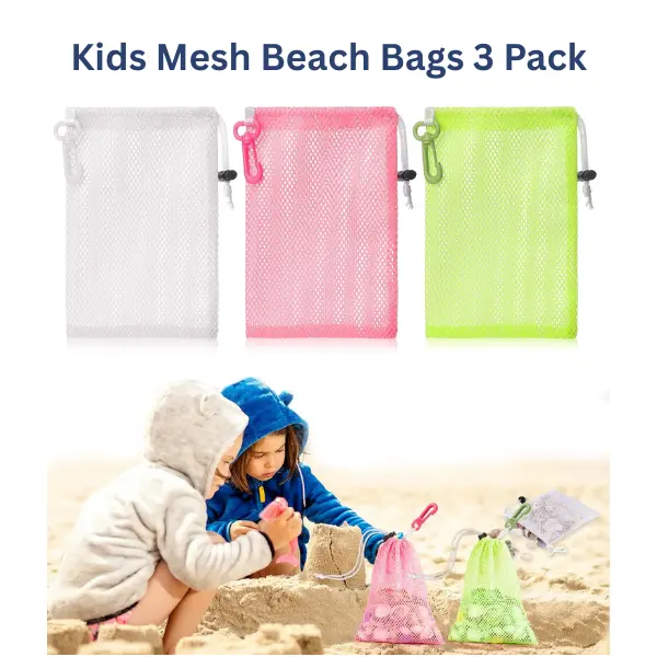 Kids Mesh Beach Bags 3 Pack, Seashell Collecting Bag with Clip, Sand Toy Storage Tote, Beach Travel Summer Gift Organiser Lightweight