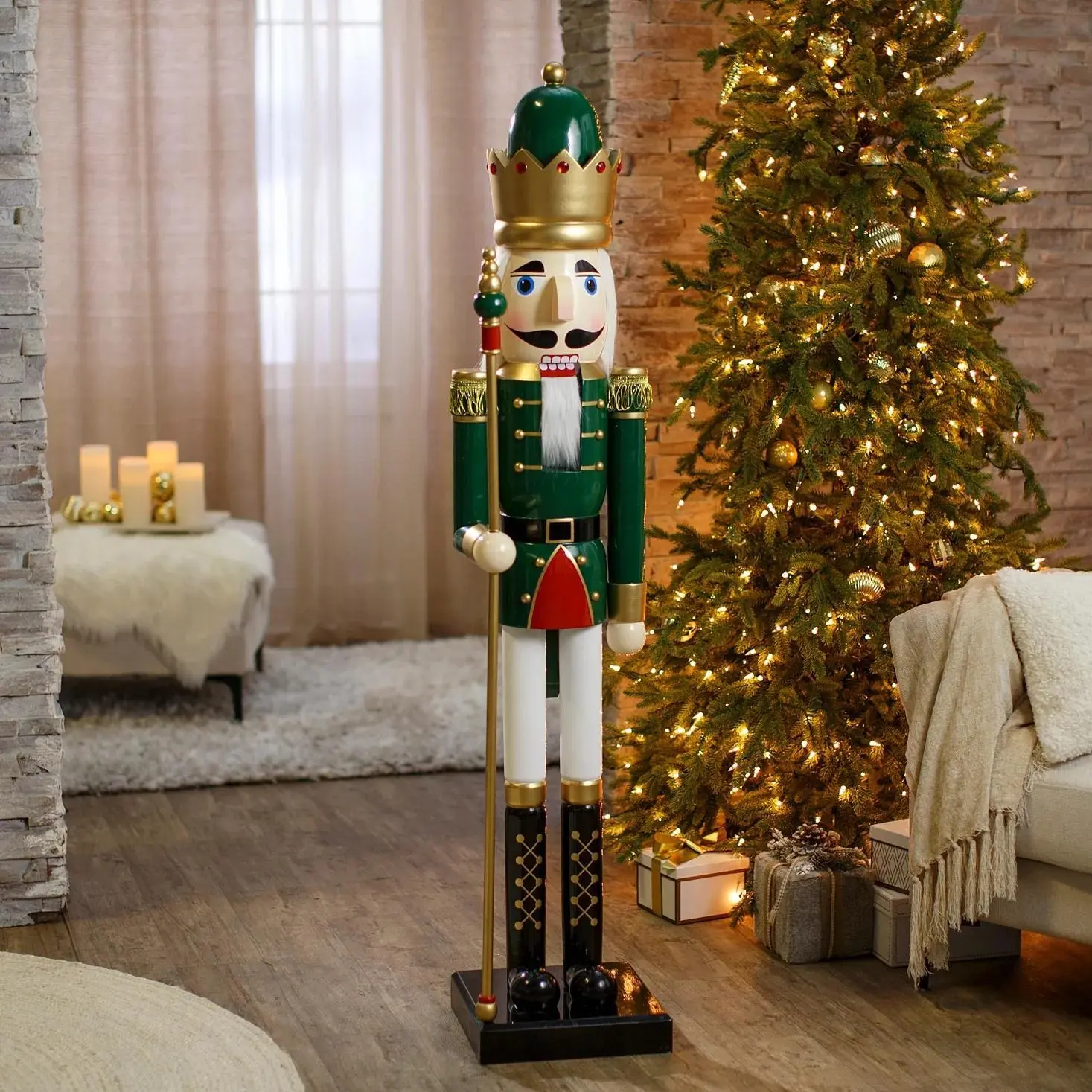 5 Ft Green Wooden Nutcracker Soldier with Scepter, Classic Holiday Decor