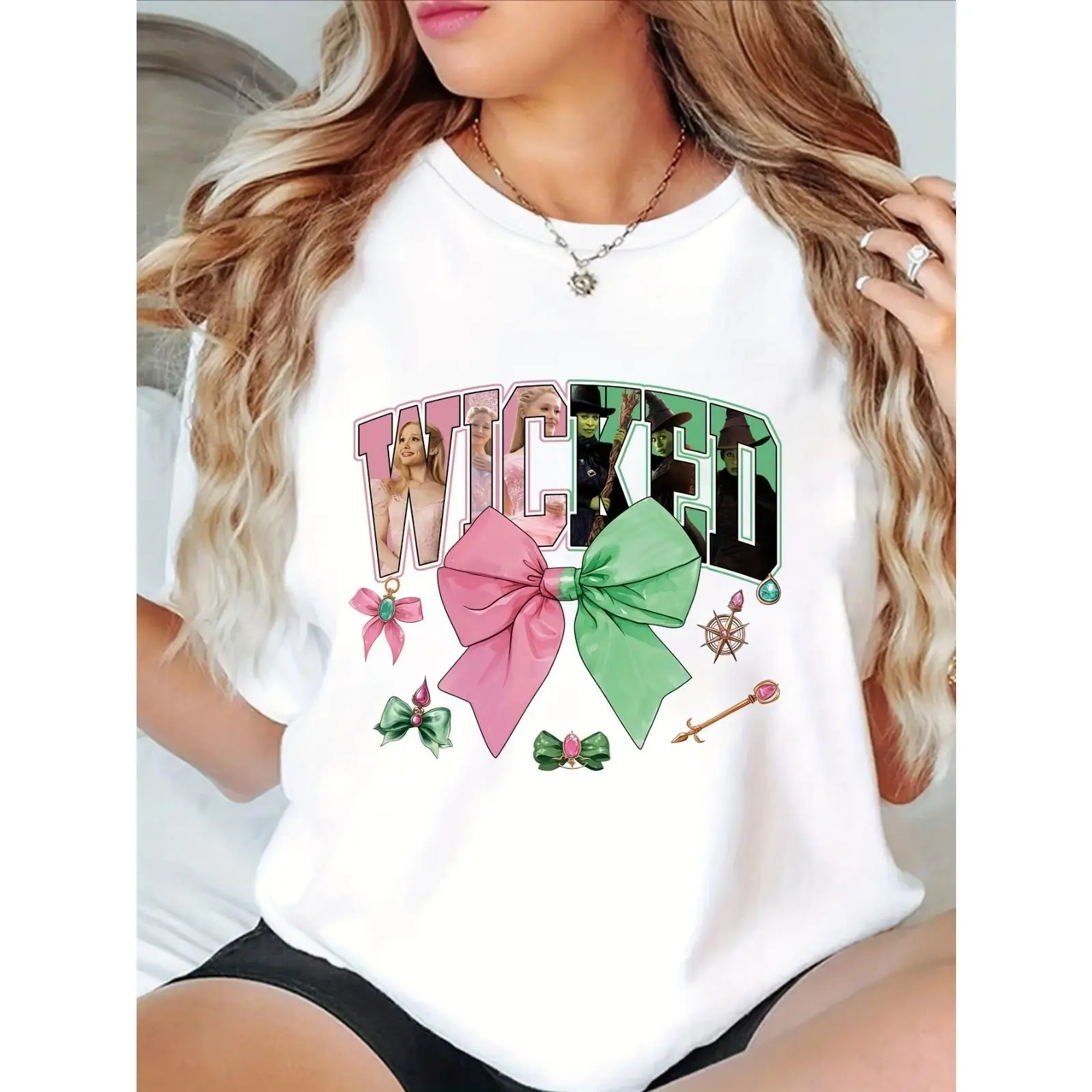 Women'S "Wicked Witch" Graphic T-Shirt Short Sleeve, Crew Neck, Casual Top with Festive Holiday Design, Allseason Top|Playful Graphic Tee|Glossy Textur, for Halloween