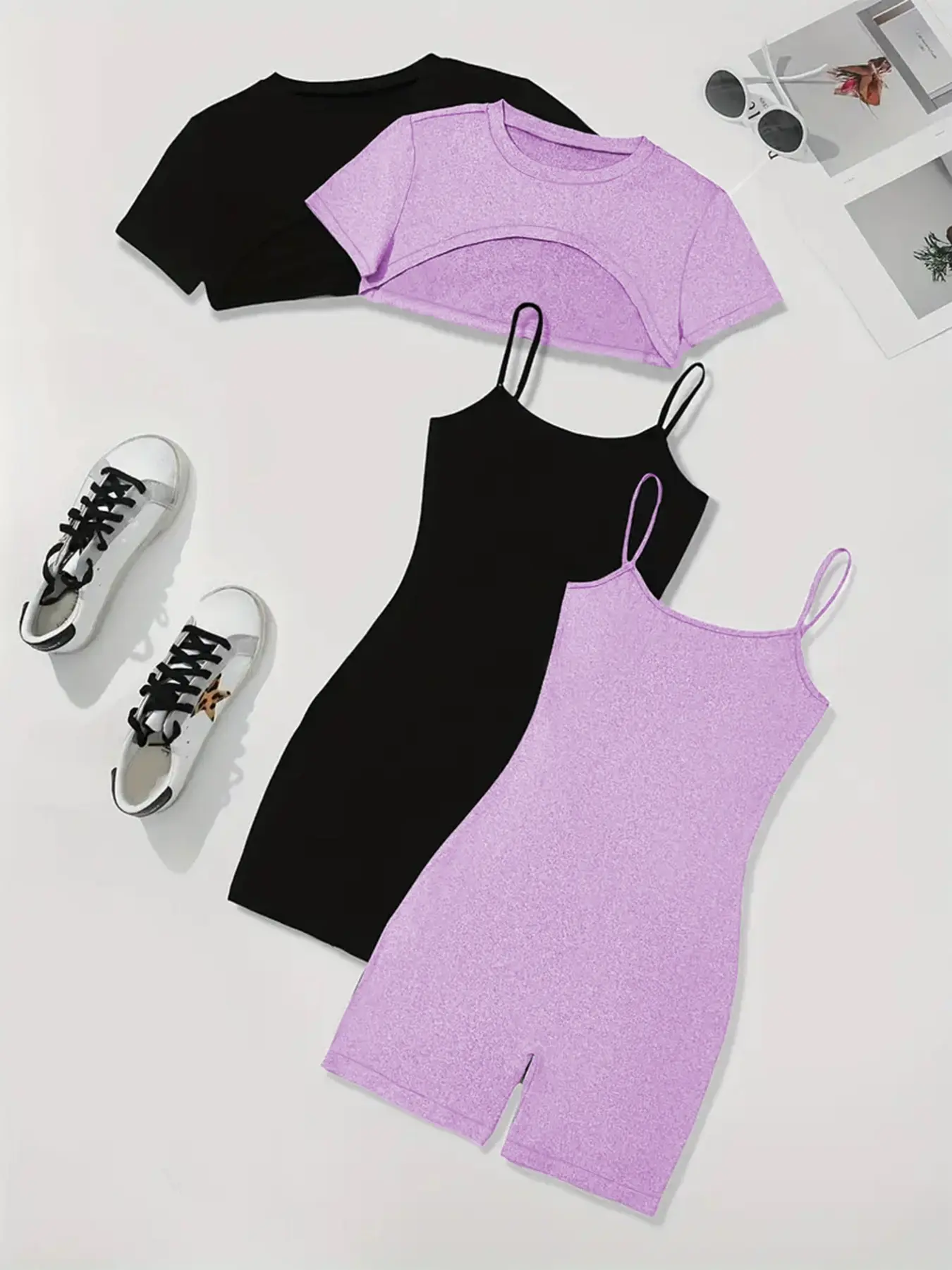 2 Piece Set: Crop Top + Romper Bodycon, Casual Chic Fitted Glossy Plain Knit Design, All Seasons Wear, Lightweight Comfortable Everyday Style, Cropped, Bodysuit