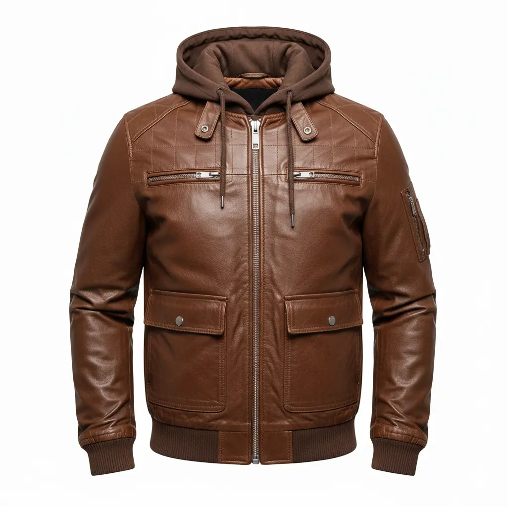 Men’s Hooded Brown Leather Jacket