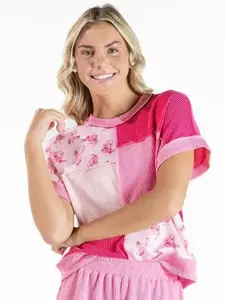 Simply Southern Pink Patchwork Corded Tee