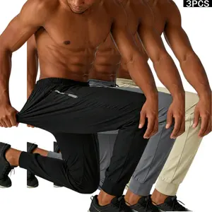 Men’s Ice Silk Sports Pants, Set of 3 – Elastic waistband with drawstring design, moisture-wicking workout pants suitable for gym, climbing, tennis, and basketball – Regular-fit casual athletic long pants, menswear