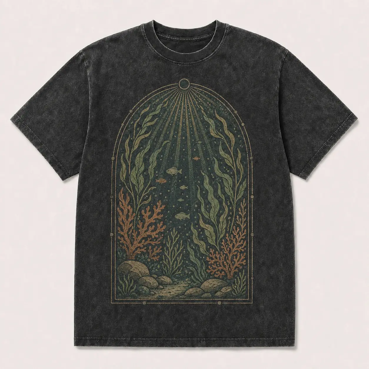 Men's Kelp Window Reef Graphic Washed T-Shirt, Vintage Black 100% Cotton Crew Neck Short Sleeve Tee