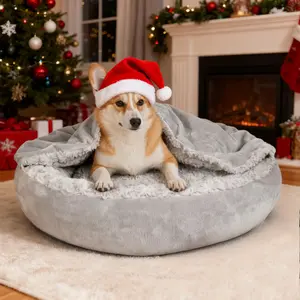 Dog Bed for Small & Medium Dogs, Cozy Donut Cuddler with Attached Blanket, Round Calming Anti-Anxiety Cave Bed – Machine Washable & Non-Slip Bottom, 26 Inch