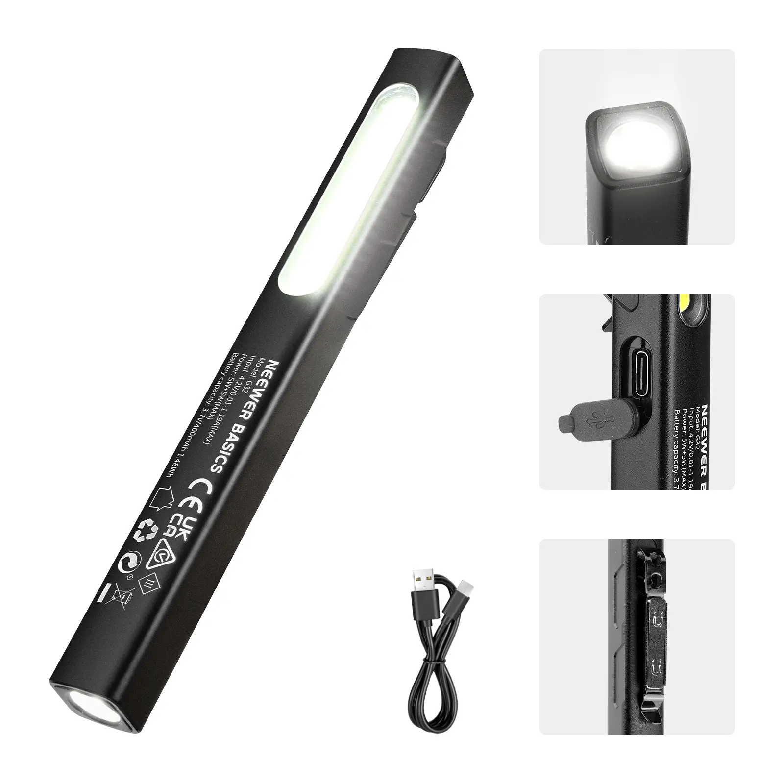 NEEWER G32 2-in-1 EDC Flashlight with Side COB Floodlight, 5W 388lm Mini Handheld Pocket LED Pen Flash Light with 400mAh Rechargeable Battery, Magnetic Clip On for Repair Camping Emergency Use