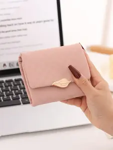 2026 Spring New Women's Short Wallet, Korean Style PU Leather, Solid Color, Leaf Buckle, Multi-Function, Coin Purse, Travel Organizer