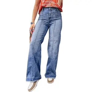 Women's high waisted custom straight leg jeans with center stitching details