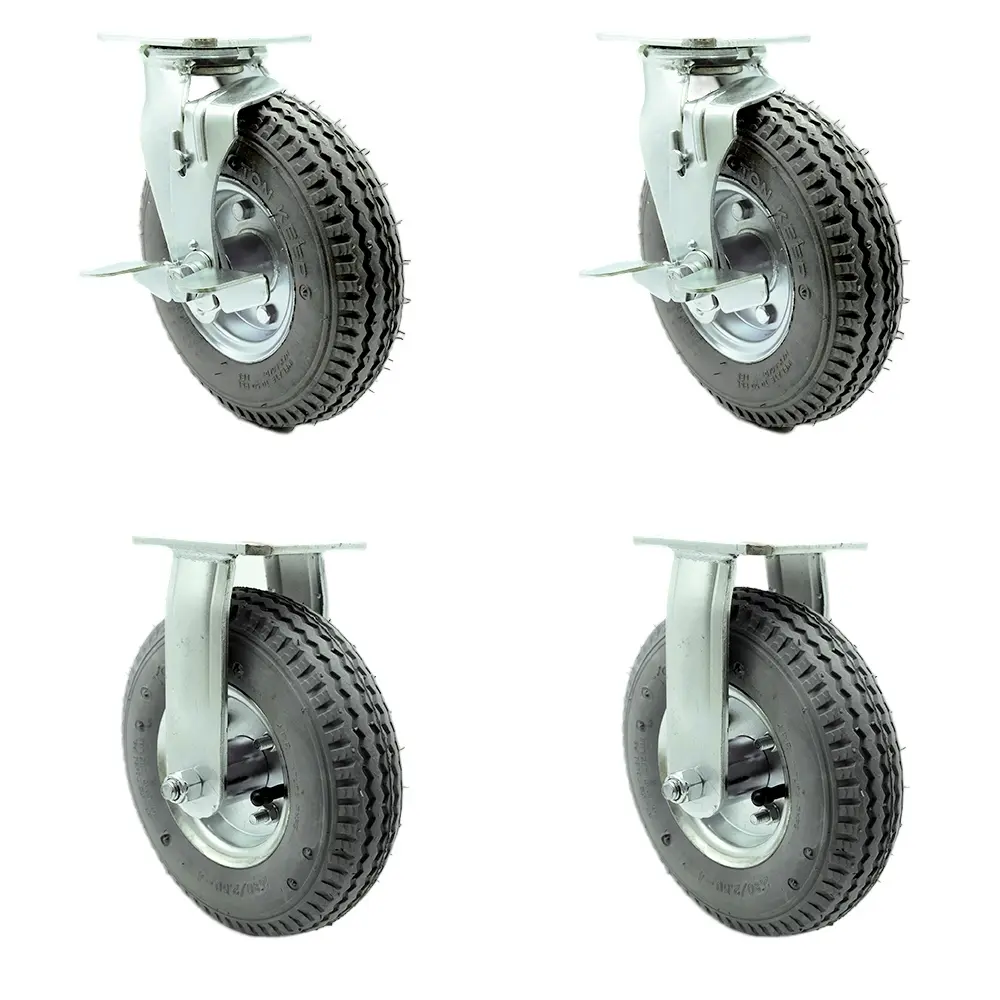 8 Inch Swivel Pneumatic Casters Set of 4 - Gray Rubber Wheels - Includes 2 Swivel with Brakes and 2 Rigid - Heavy Duty Casters - 1,200 lbs. Total Capacity - Service Caster Brand