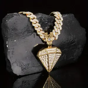 1 Pc Mens Hip Hop Punk Golden Large Rhinestone Pendant Necklace Fashion Miami Cuban Chain