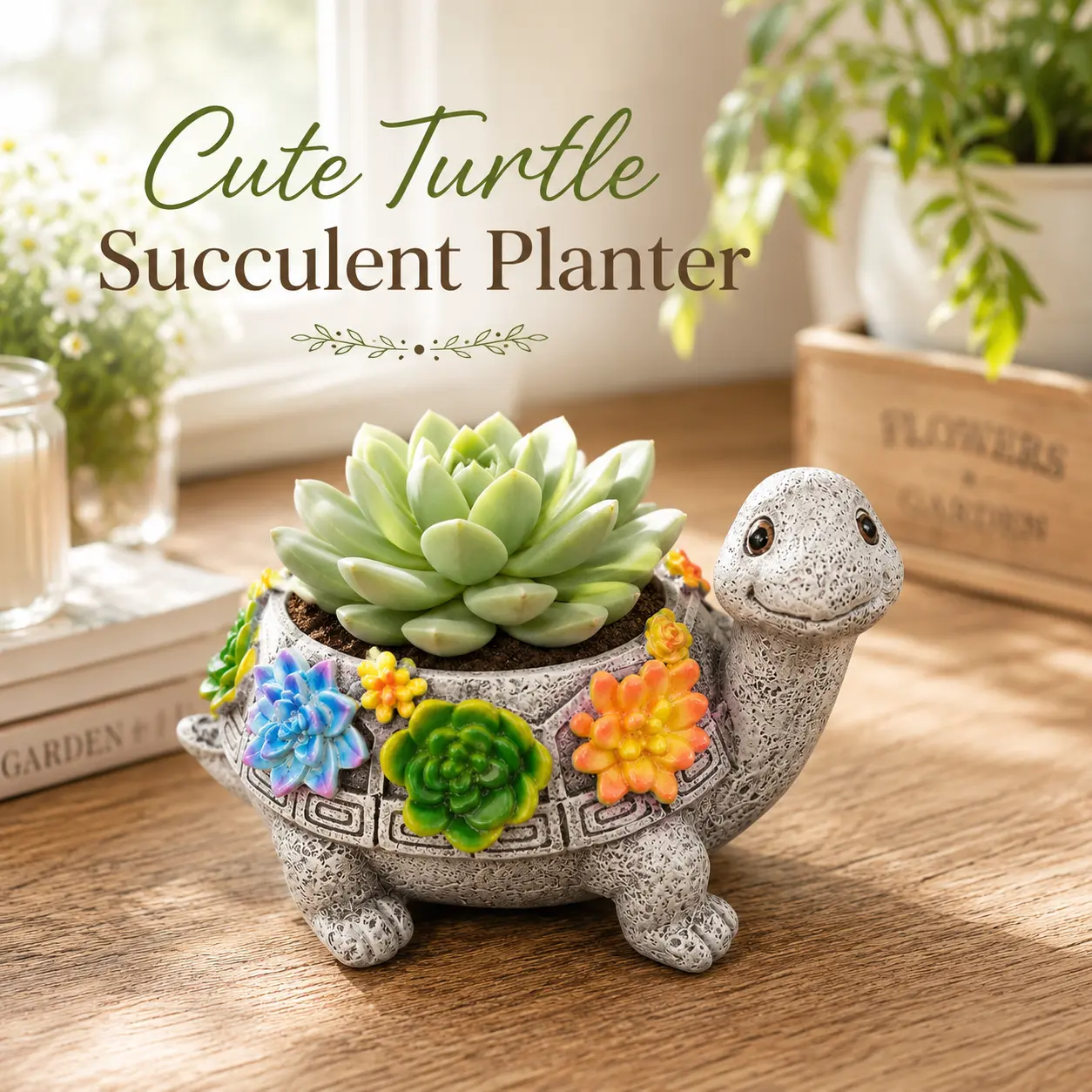 3D Resin Cute Turtle Succulent Planter - Succulent-Ready Fit Indoor Planters, Aesthetic Mini Plant Pot, 3D Resin Vases with Colorful Floral Accents, Small Home Decor for Desk Shelf, Gift for Plant Lovers