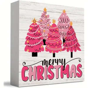 Pink Christmas Tree Decorations, Christmas Sign, Merry Christmas Sign for Table, Christmas Signs for Home Office Shelf Cubicle Decoration 4x 4 Inches