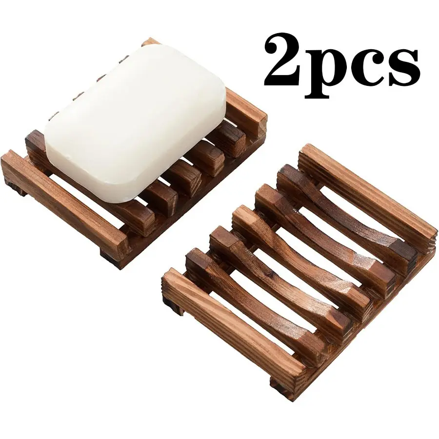2-Pack Charred Pine Soap Dishes with Drainage, Soap Tray for Shower, Shower Wood Soap Holder Set, Self-Draining Bathroom Soap Rack, DIY Natural Soap Dish, Bar Soap Holder, Bathroom Essentials Accessories