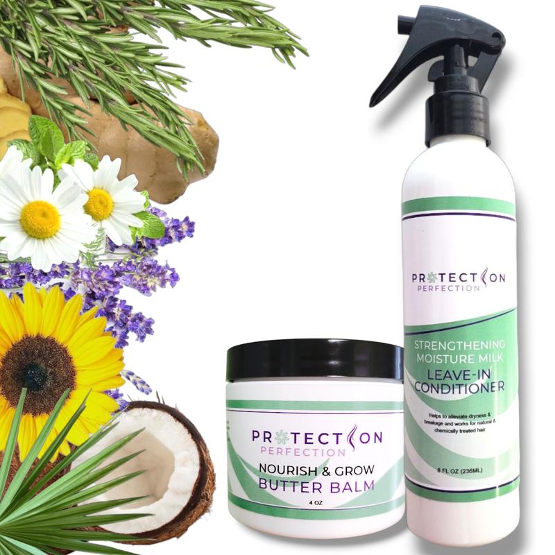 Nourish & Style Bundle - Strengthening Moisture Milk Leave-in Conditioner & Nourish & Grow Butter Balm for Hair Growth and Length Retention