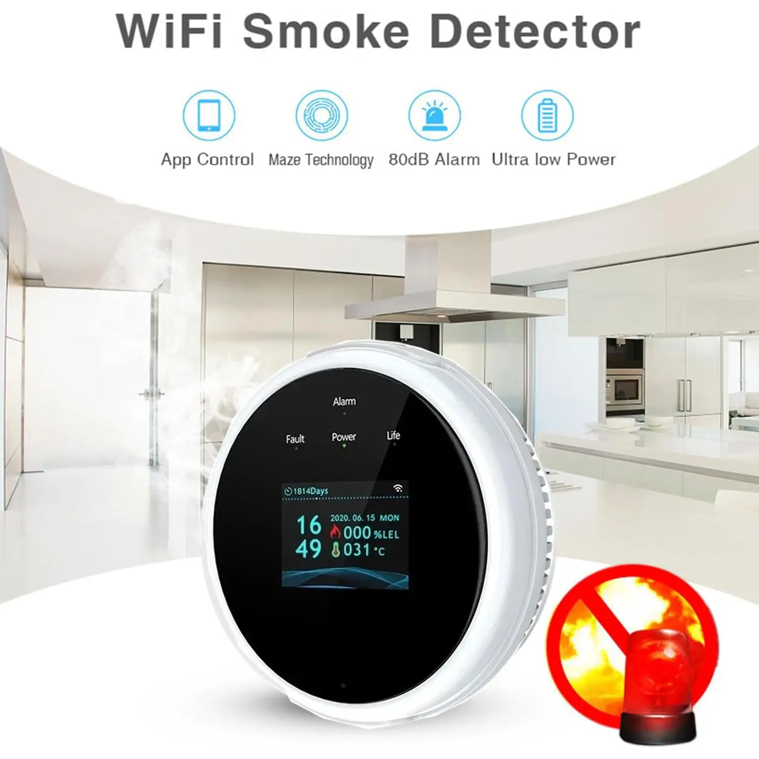 Smart WiFi Gas Leak Sensor Alarm, APP Remote Notification, Real-Time LCD Display, High Accuracy Natural Gas Propane Detector for Home Camper Garage