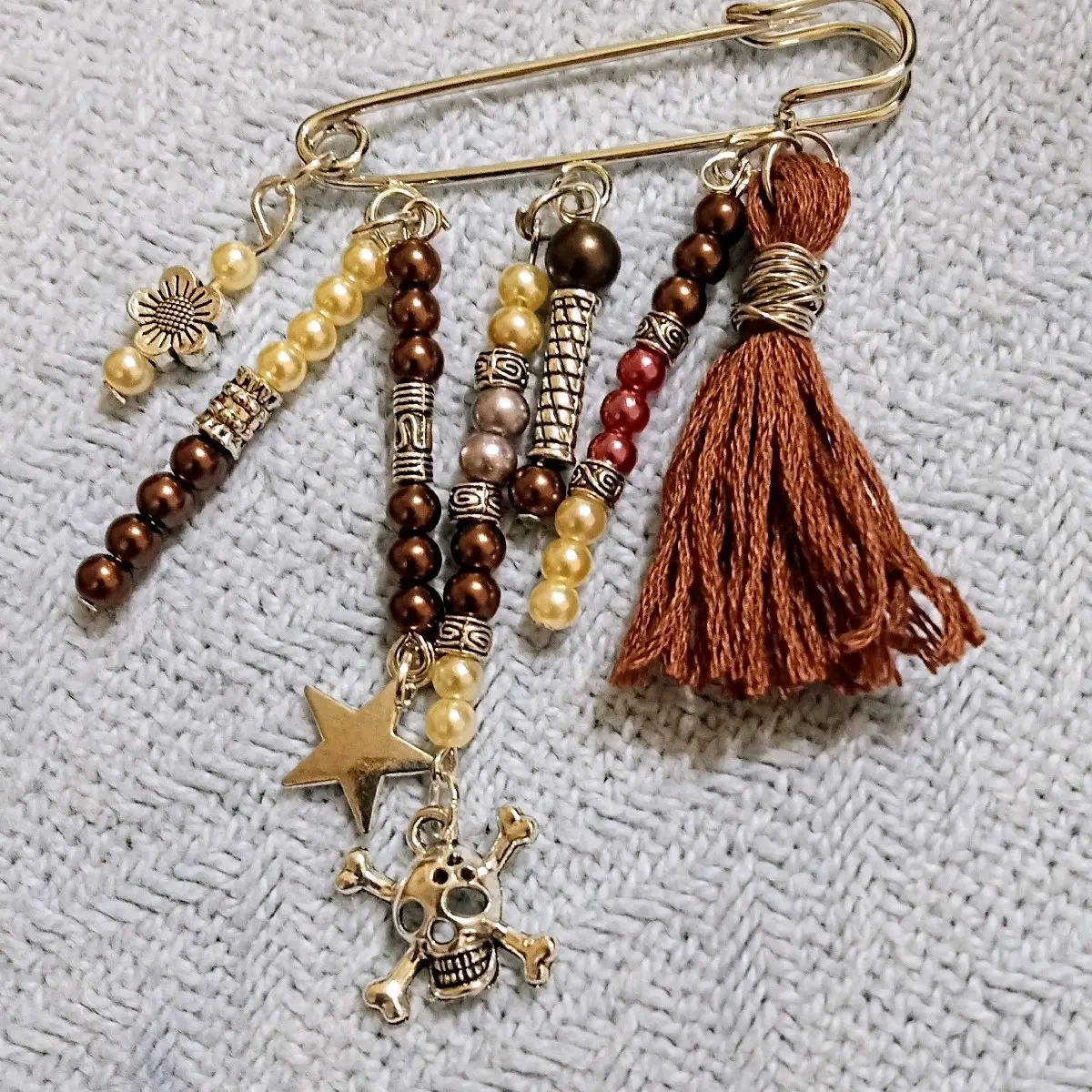 handmade casual pin or brooch in brown and beige faux pearl