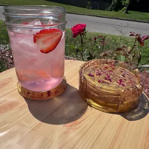 Handmade Gold Rose Resin Coaster Set - 4 Floral Tableware Coasters with Matching Holder, Shimmery Gold Flecks, Real Rose