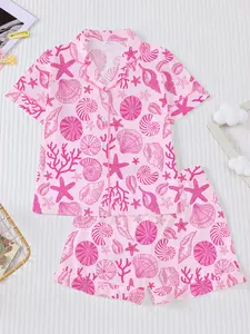 Ocean Wind Sleepwear Set, Pajama Loungewear, Shell Starfish Print Short Sleeve Shorts, Fire Retardant Button Front Shirt, Ruffle Waist Design, Elastic, Casual Home Wear, Cute