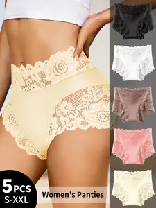 QUASTI 5 Piece Mid-Waisted Lace Underwear for Elegant Ladies, Full-coverage & Semi-Sheer Panties with Soft Stretch, Comfortable & Elegant Lace Lingerie, S-XXL
