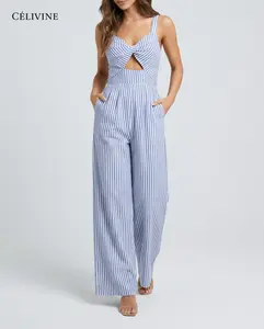 Célivine Women's Maris Stripe Cutout Jumpsuit - Fitted Strap Sleeveless Summer Jumpsuit with Smocked Back & Wide-Leg Pants - Womenswear, Fabric