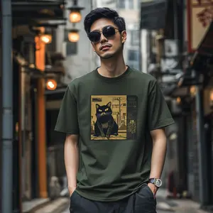 Urban Cat Graphic Olive Green T-Shirt - Cotton Top Comfort Casual
