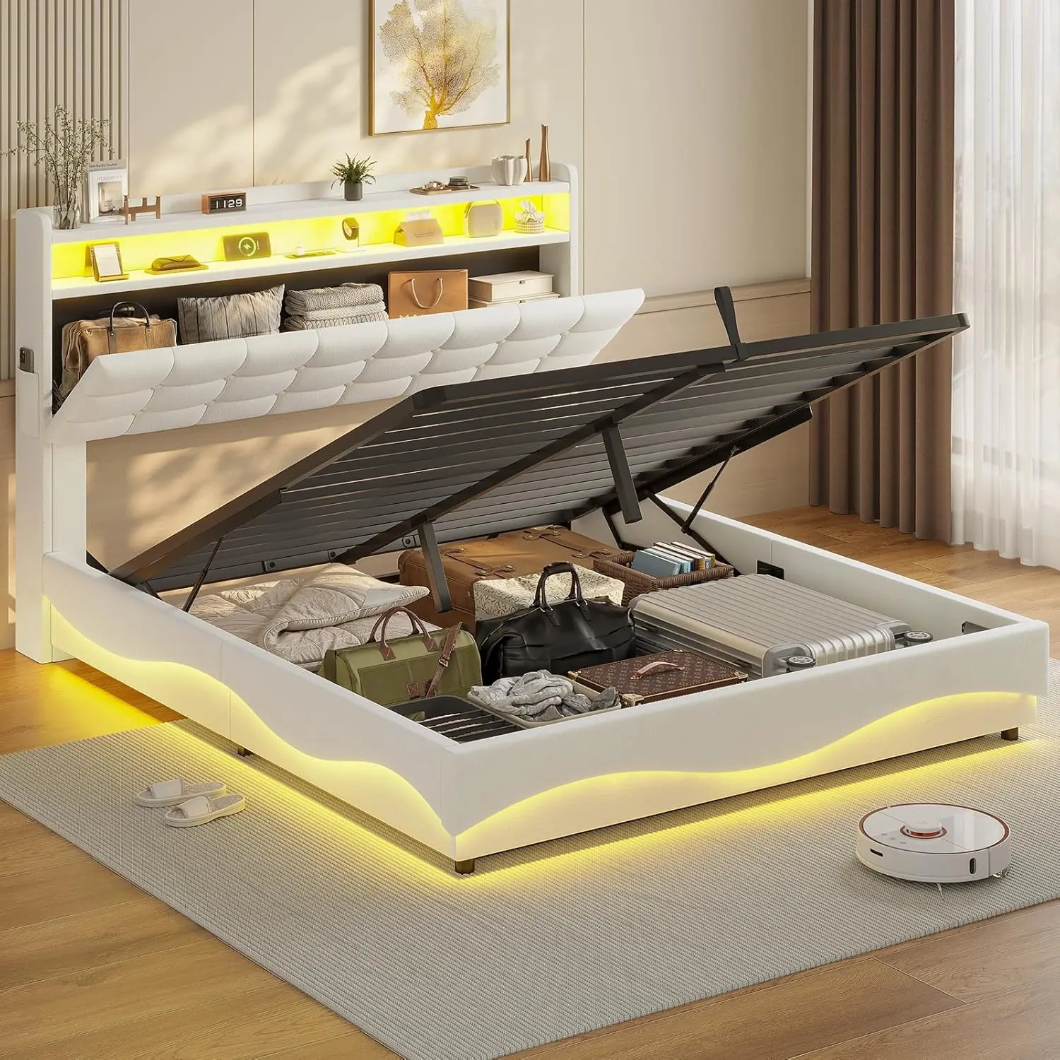 ADORNEVE Lift Up Storage Queen Bed Frame with LED Lights, Hidden Storage Headboard and Charging Station, Upholstered Platform Bed, LED Bed with Hydraulic, No Box Spring Needed,dorm essentials,home decor