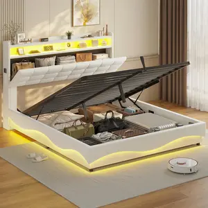ADORNEVE Lift Up Storage Queen Bed Frame with LED Lights, Hidden Storage Headboard and Charging Station, Upholstered Platform Bed, LED Bed with Hydraulic, No Box Spring Needed