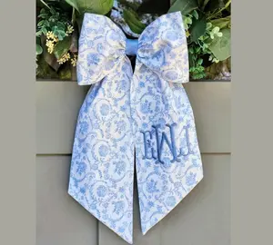 Bow Light Blue Chinoiserie Sash for Boxwood Wreath Chinoiserie Blue Embroidered Scarf for Front Door Wreath Decor Monogrammed Bow for Mirror