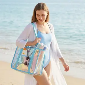 Women Summer Tote Beach Bag Lightweight Waterproof Iridescent PVC Travel Pool Essential Shoulder Handbag Durable Sandproof Fashion Trend Accessory