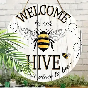 Welcome To Our Hive Bee Pattern AluminumSign, 1 Count Front Door Welcome Aluminum Sign, Home Wall Art Decoration for Home, Office, Outdoor, Farmhouse, Porch