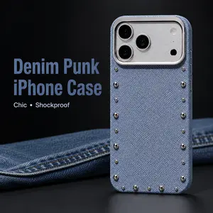 Chic Punk Rivet Casing for iPhone 17 Pro Max - Denim Texture, Magnetic, Slim, Shockproof Smartphone Accessory for Cellphone Devices