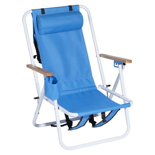 Folding Beach Chair Set of 2 for Adults 4 Position Portable Backpack Foldable Camping Chair with Headrest Cup Holder and Wooden Armrests Blue