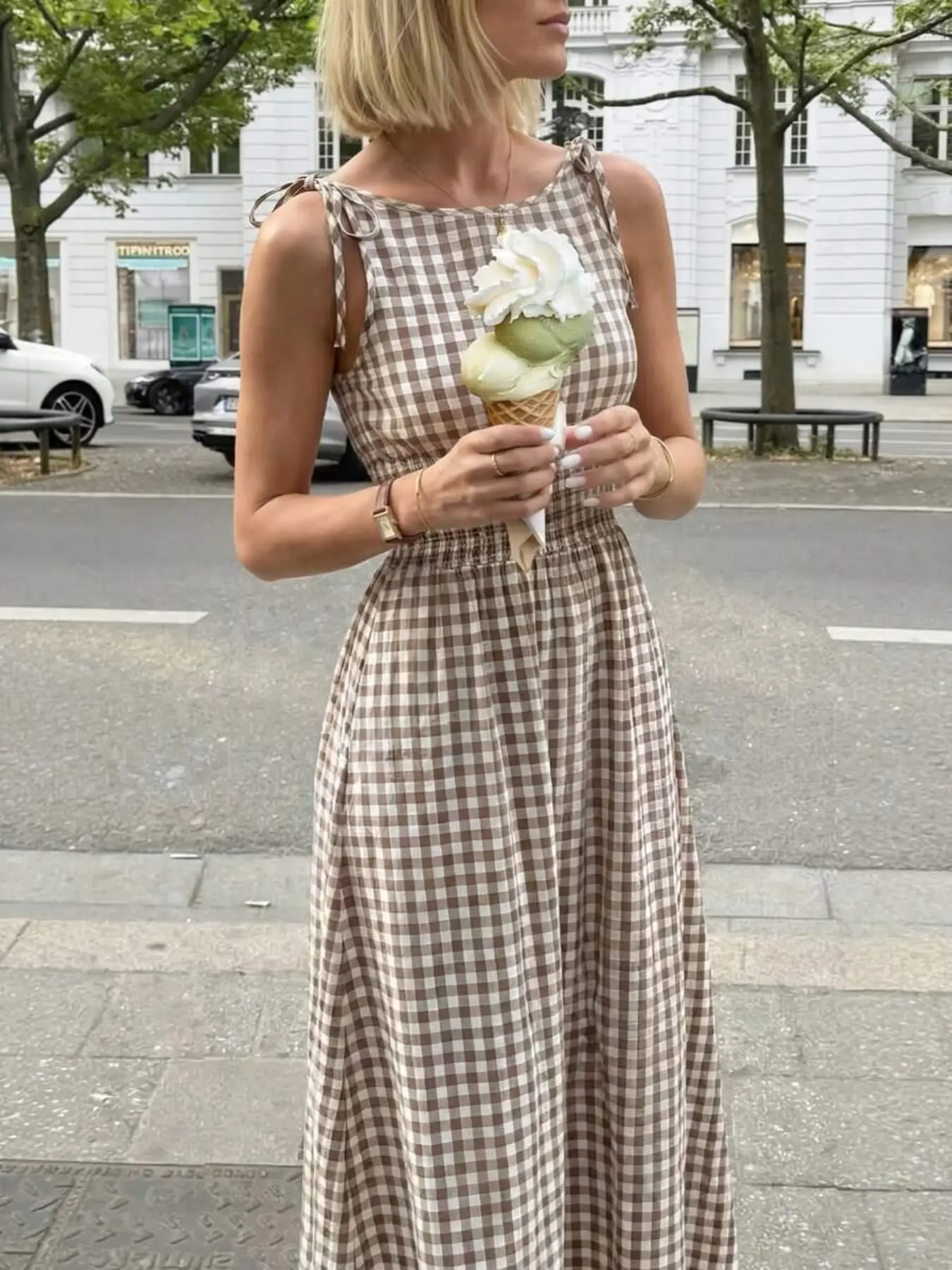 New Plaid Sleeveless Women's Long Dress, Casual Classy Dress, Bow Tie and Ruffled Waist, Casual Office Minimalist Style, Perfect for Summer Vacation Daily Wear