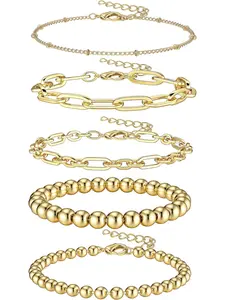 5Pcs 14K Gold Plated Chain Bracelet Sets for Women Girls Stainless Steel Stacking Bracelets Twist Figaro Silver Gold Anklet Bracelets Adjustable Dainty Link Chain Beaded Bracelet Twisted Chain Bracelet Gold Jewelry