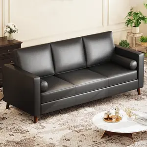 Garvee 86" Leather Sofa for Living Room, Mid-Century Modern Couch with Deep Seats, Brown Faux Leather Couch, 3 Seat Sofa with Removable Cover for Apartment, Office, Black