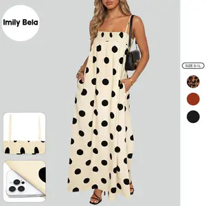 Imily Bela Womens Summer Polka Dot Maxi Dress Casual Spaghetti Strap Smocked Loose Fit Vacation Beach Dresses with Pockets