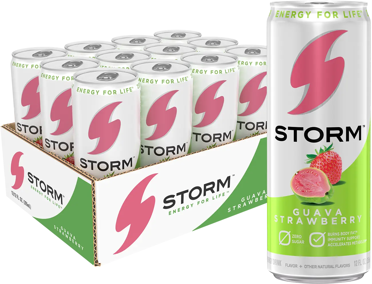 STORM Guava Strawberry Sugar-Free Energy Drink - Vitamin C, Zinc, Low Calories, for Adults, Fitness & Wellness Energy Products, 12pk 12oz Cans, Chromium