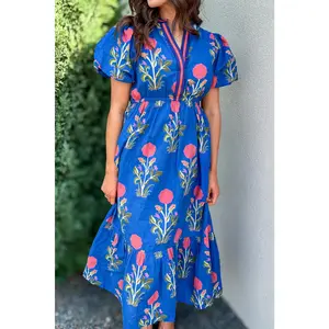 Sky Blue Floral Ruffle Hem Long Dress