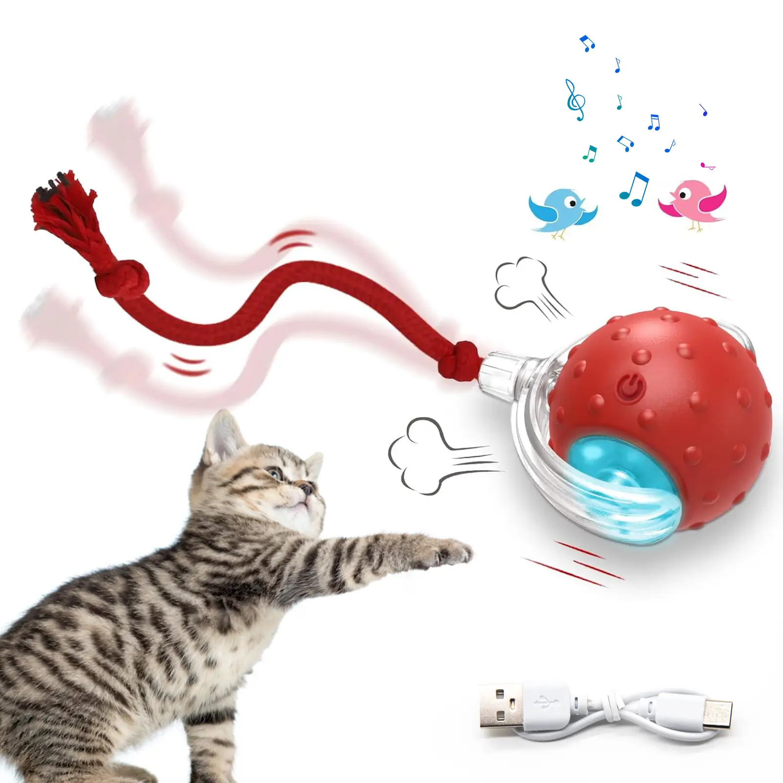 SPOVEN Interactive Cat & Dog Toys - USB Rechargeable Fast Rolling Ball with Bird Chirping & Light - Anti-Depression Pet Fun Gift - Red Color - 6.3x6.0