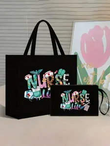 Nurse Print Tote Bag - Lightweight Canvas Shopping Bag, Can Be Used as a Travel Beach Bag, Makeup Bag, Makeup Pouch, Lettering and Pattern Design, Suitable for Everyday Use by Women, Nurse Appreciation Gift, Healthcare Worker Tote Bag