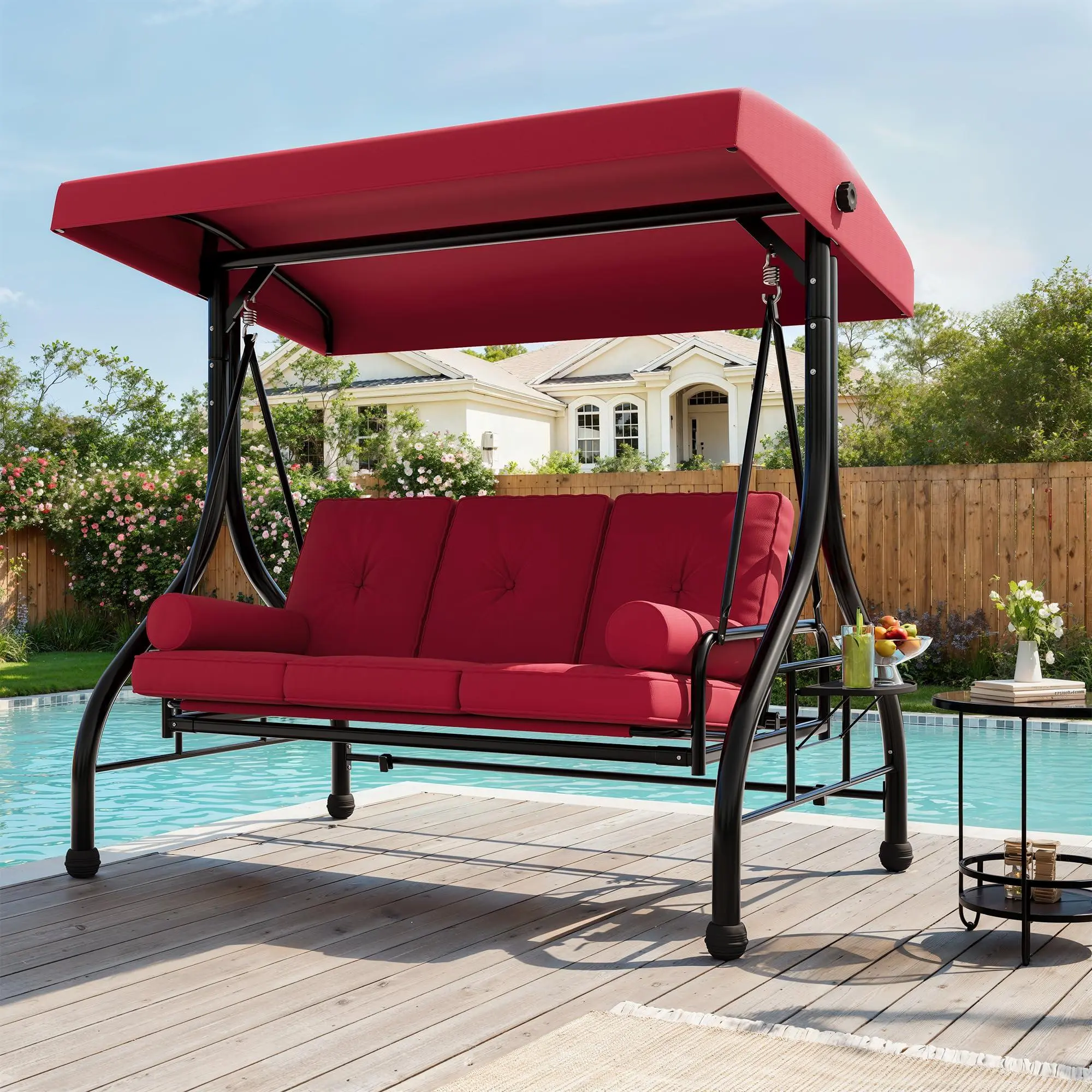 Gaomon 3-Seat Heavy-Duty Fabric Outdoor Patio Swing with Steel Frame, Triangle Base, Adjustable Shade Canopy, Dual Cup Holder Trays, Cushion, Pillows, Foot Pads, Reclines up to 180°, 800LBS Load Capacity, Red for Garden, Balcony Adults