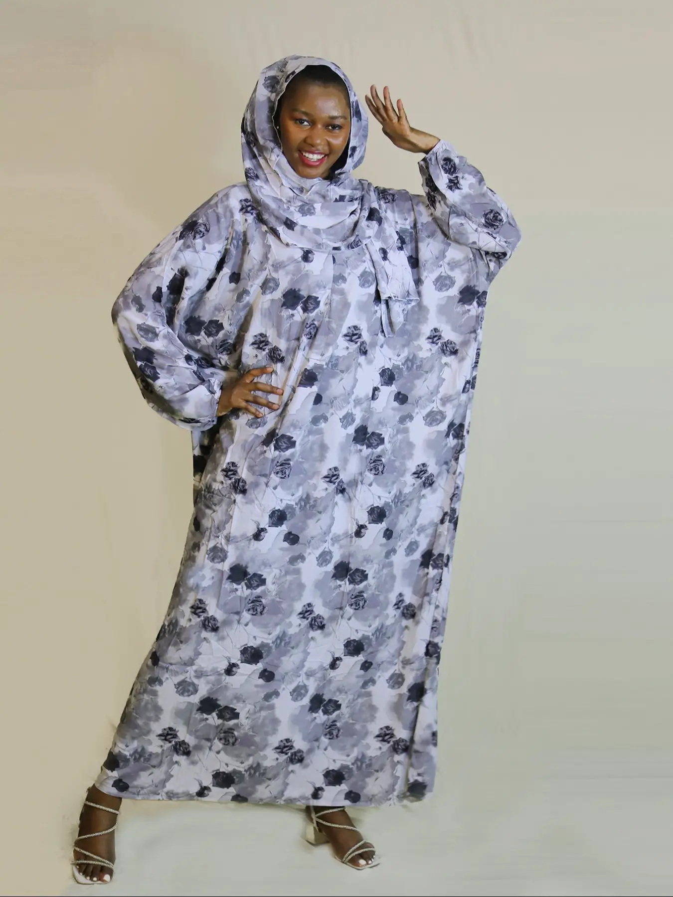 Women's Ditsy Floral Print Zipper Design Hooded Arabian Dress, Modest Bishop Sleeve Long Sleeve Maxi Muslim Dress, Muslim Clothing for Women