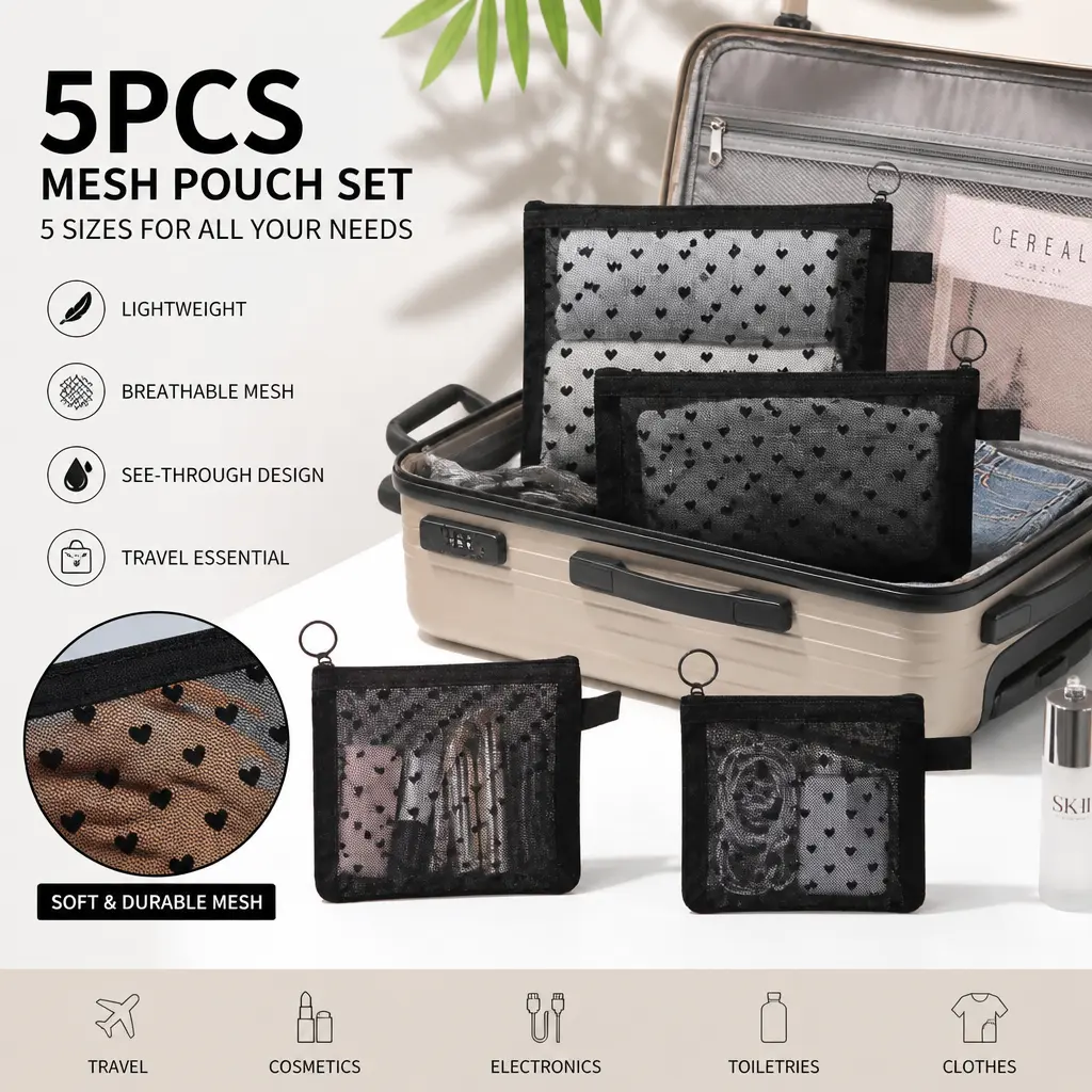 5 Piece Heart Printed Mesh Makeup Bag Set – Portable Travel Cosmetic Pouches with Zipper, Clear View Toiletry Bags for Home, Office, Gym, Vacation – Cute & Functional Storage