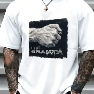 I Built Grandpa Graphic Tee - Vintage Distressed Streetwear T-Shirt, 100% Premium Cotton Crew Neck, Soft Breathable Summer Top with Bold Arm Flex Illustration and Cross Pendant Style for Urban Men