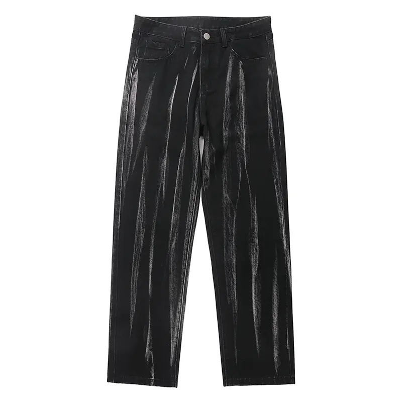 Black straight-leg jeans with metallic silver streaks