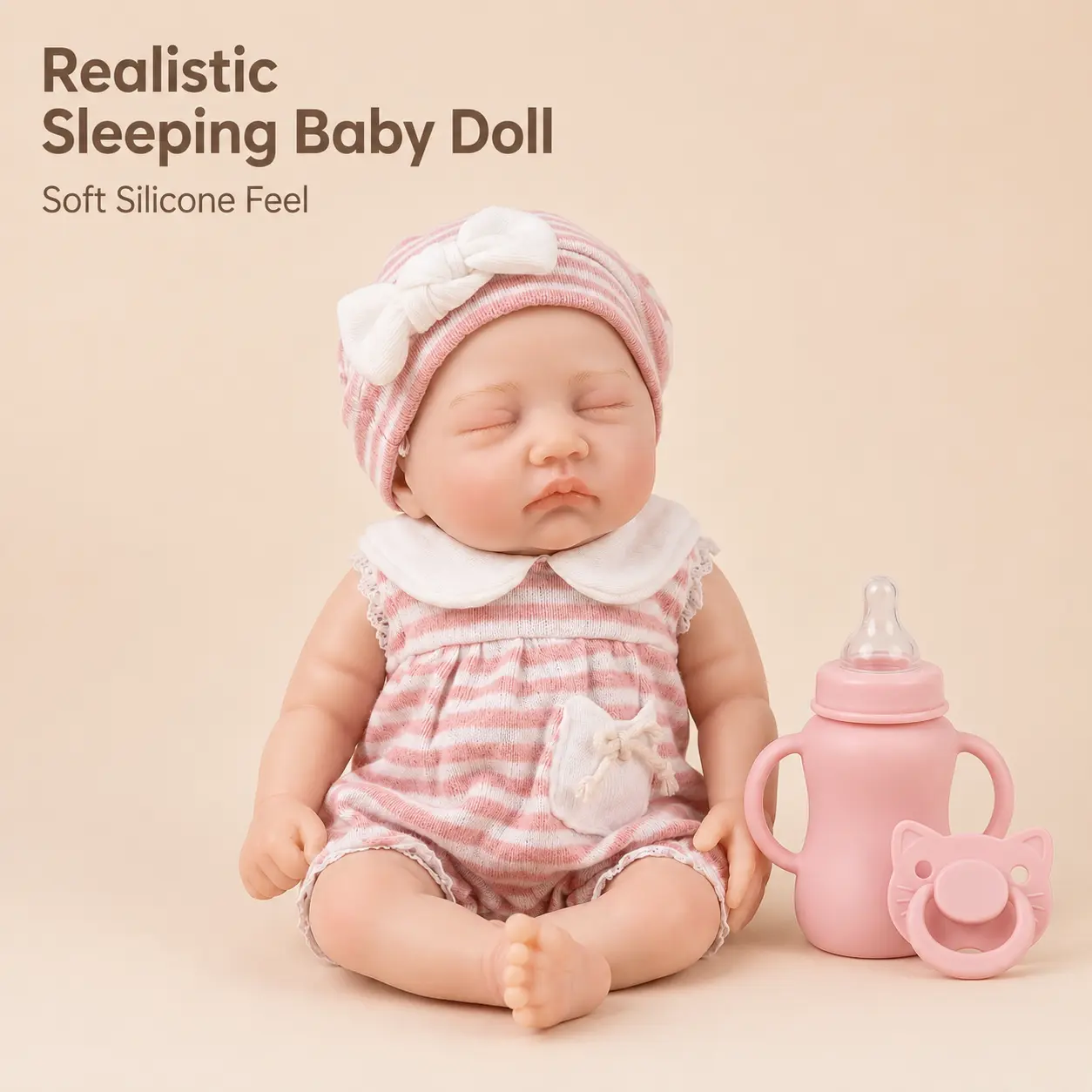 Realistic Sleeping Baby Doll with Bottle & Pacifier, Soft Silicone Feel Mini Newborn Doll, Pink Outfit Gift for Girls